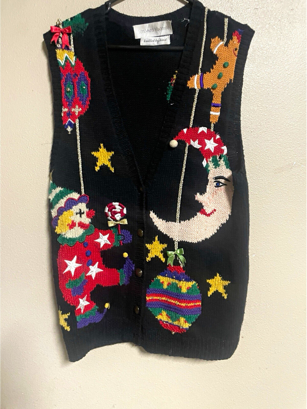 Contessa Visconte Hand Knit Sweater Vest M Black Holiday Clown Graphic Vintage